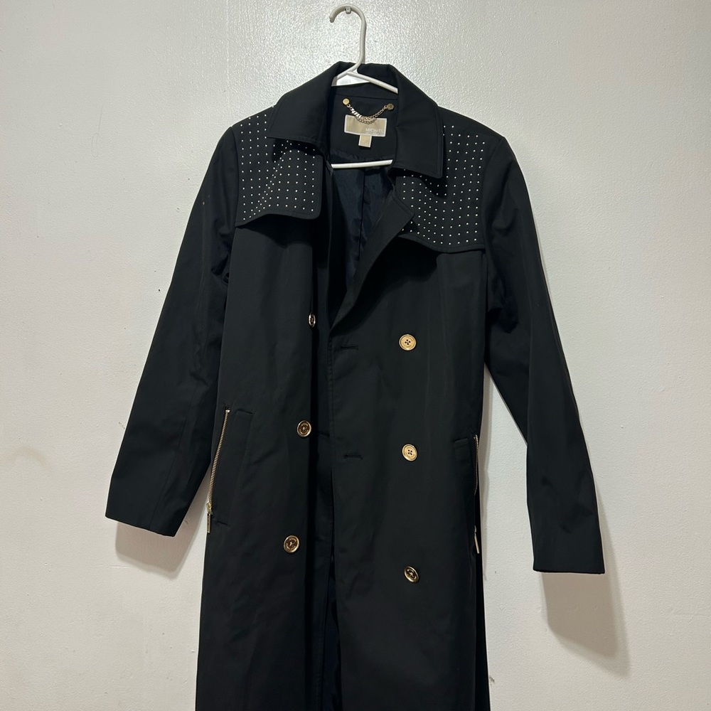 Michael Kors Black Trench Coat with Gold Chain Detail